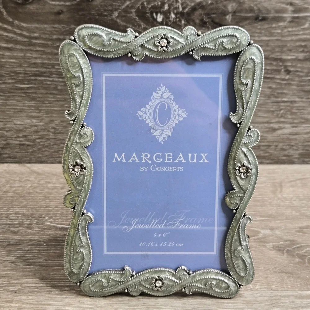 Margeaux Jewelled Picture Frame 4x6 Sage Green Enamel Ornate Baroque Rhinestone